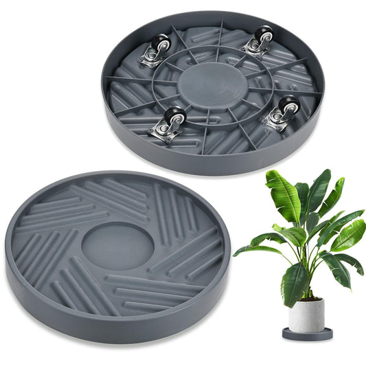 M METERXITY 2PCS Round Planter Caddies, 12 Inches Plastic Plant Roller with Wheel, Plant Saucers for Indoors, Plant Stand for Flower Pots [Gray]