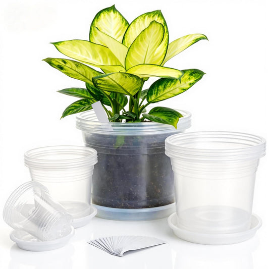 FDKYOEK 16 Pack 4/6/8/10 Inch Clear Nursery Pots with Saucer, Clear Plant Pots with Drainage Hole & Plant Tags, Transparent Plastic Pots for Plants Flowers Succulents Indoor Outdoor Seedling Starter