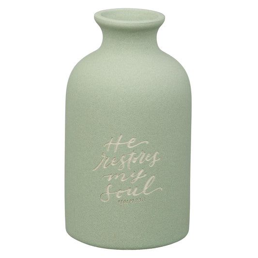 Christian Art Gifts Small Ceramic Scripture Table Vase for Flowers & Plants: He Restores My Soul Inspirational Bible Verse Home Décor, Kitchen, Bathroom, Living Room, Light Mint Green