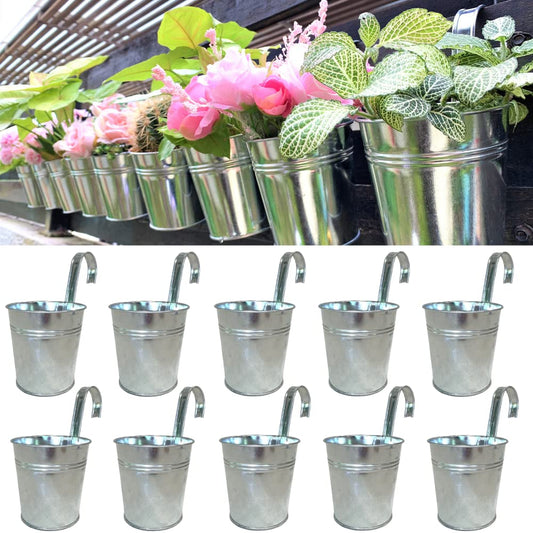 LaLaGreen Fence Planters for Outdoor Plants (10 Pack, 4 Inch) Balcony Planter Railing Hanging, Small Silver Metal Flower Pot Rail Wall Cute Farmhouse Garden Rustic Deck Porch Window Box Bucket Decor