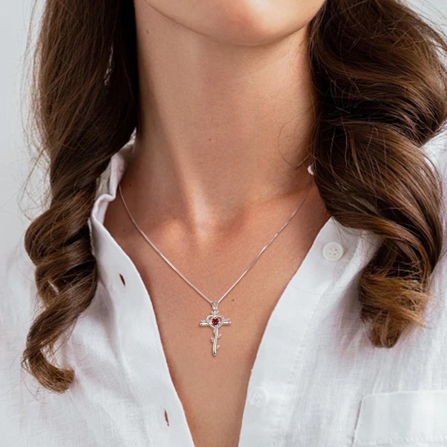 STARCHENIE Rose Cross Necklace 925 Sterling Silver Heart Crucifix Pendant Created Ruby Jewelry for Women