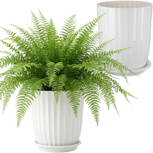 Briwooody 2 Pcs Tall Planter 15" Large Round Plastic Plant Pots with Drainage Hole and Tray White Modern Planter for Indoor Outdoor Plants Home Office Kitchen Bedroom Living Room Porch Patio Decor