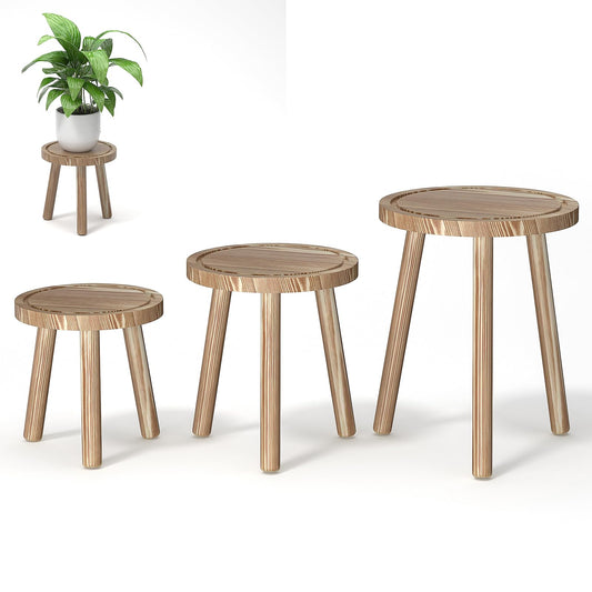 Vecxoty 3-Pack Wood Plant Stands Indoor, Single Plant Stand for 6-12 Inch Pots, Mid-Century Modern Plant Stool, Tall Plant Stand for Large Plants for Living Room, Balcony, Office (Light Brown
