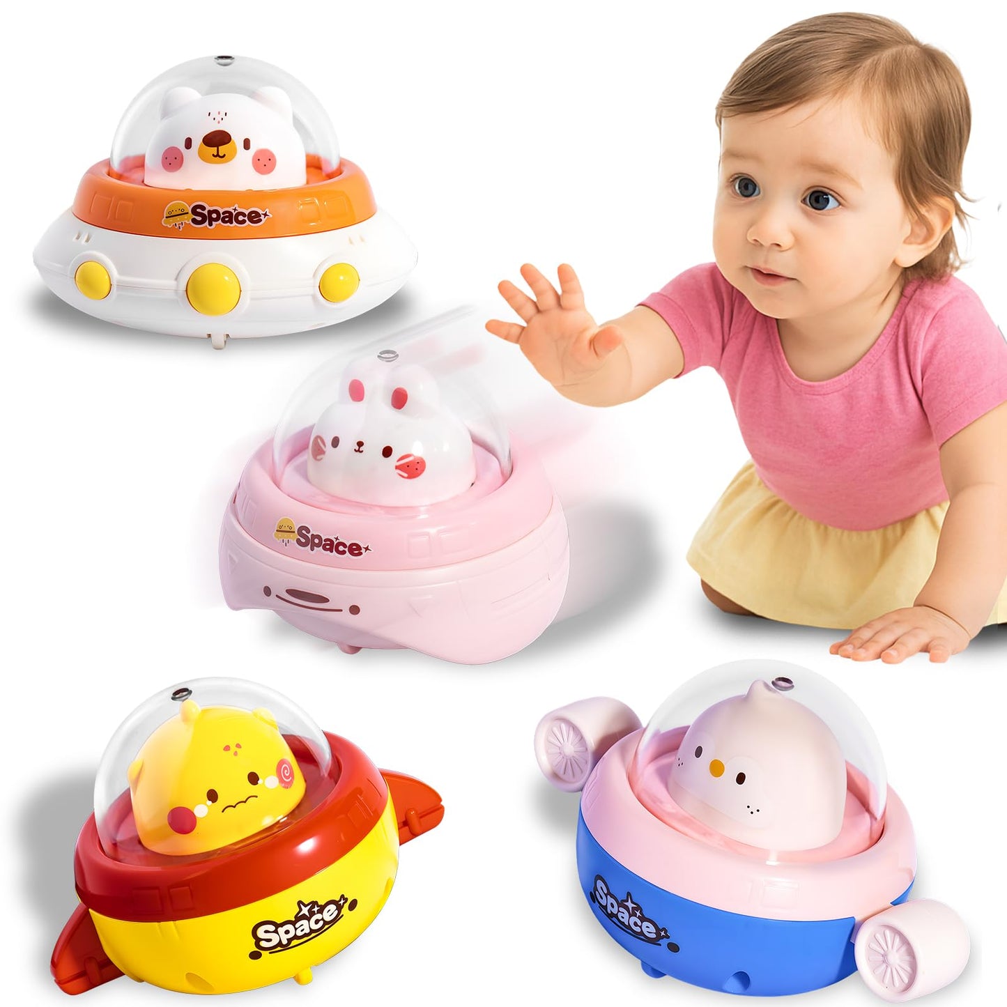 KIDS KING 4PCS Animal Press to Go Car Toys for Toddlers 1-3, Push Go Friction Car Toys for 6-18 Months Baby, Animal Space Racing Cars, Infant Play Vehicle Set, Birthday Gifts for 1 Year Old Girl & Boy