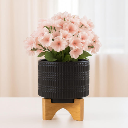 Ceramic Planter With Bamboo Stand – Plant Stand Indoor For Tabletop Display, Living Room, Bedroom, Or Office Shelf, Modern Black Planter Home Decor Accent – 5.5", Black