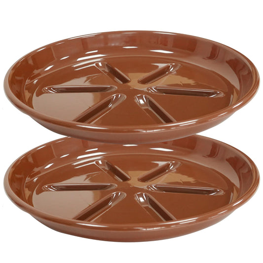 OVZILKI 2 Pack of Plant Saucer 10 inch, Large Heavy Duty Plastic Saucers Round, Plant Drip Trays for Indoors Outdoor, Plant Water Tray for Planters, Brown