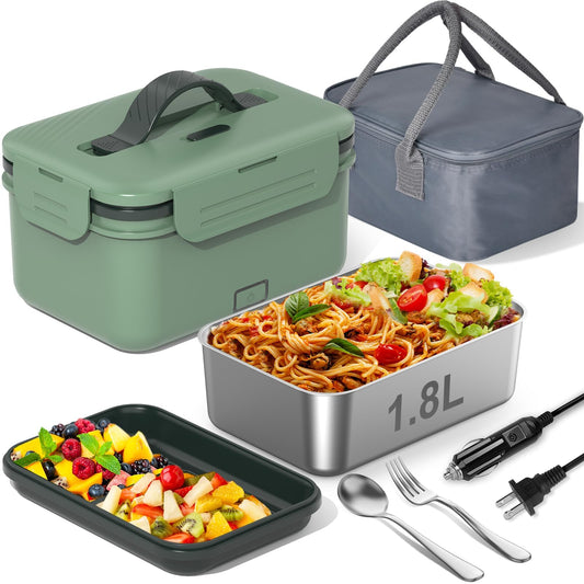 Electric Heated Lunch Box for Car Truck Home 1.8L 100W Portable Food Warmer with 12V/24V/110V/220V Hot Meal for Work Travel Jobsite Camping Christmas Gifts White Elephant Gifts for Adults/Men/Woman