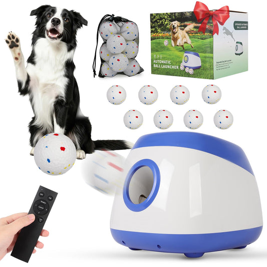 OLenyer Ball Launcher for Dogs: 3 Adjustable Distance 40-80FT,with 8 2.5" ETPU Balls,Remote Control Interactive Dog Toy,Automatic Ball Throwing Machine for Medium/Large Dogs