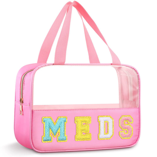 Silkfly Chenille Letter Medicine Meds Medical Bag Makeup First Aid Bag for Travel Preppy PVC Nylon Emergency Patch Cosmetic Toiletry Storage Pouch Waterproof with Handle Zipper for Women(Classic)