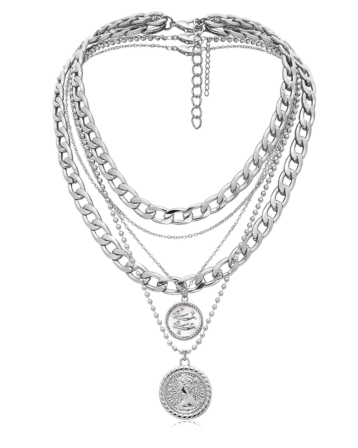 MJartoria Gold Layered Necklaces for Women Trendy Retro Coin Pendant Necklace Dainty Chunky Chain Choker Necklaces for Jewelry Birthday Gifts (Silver, Zodiac-Gemini-3PCS Layered)