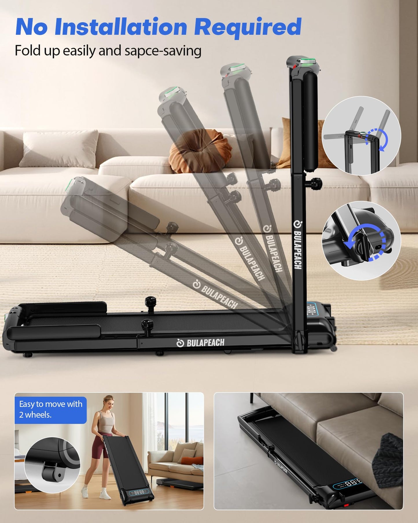 Walking Pad with Incline, 3 in 1 Under Desk Treadmill with Handle Bar Removable Desk Workstation & Device Holder, 3.5HP Foldable Treadmills with 300lbs Capacity for Home Office