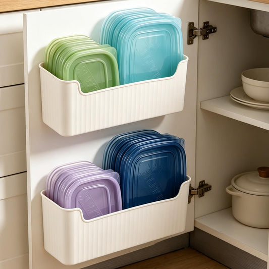 Rainmae 2 Pack Kitchen Cabinet Door Organizer, Lid Organizer Inside Cabinet Wall Mounted Plastic Storage Box Under Sink Door Organizer Lunchbox Lid Container for Kitchen Bathroom Organization