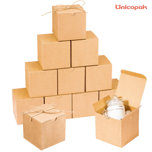 UnicoPak 30 Pack 4x4x4 Small Brown Gift Boxes with Lids & Twine - Premium USA Kraft Cardboard - Pop-Up Easy Assembly Gift Boxes for Presents, Candles, Mugs, Ornaments, Favors