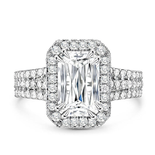 Jeulia 6.93 CT Emerald Cut Wedding Ring Set for Women; Clear Halo 14k White Gold Halo Solitaire Engagement Band Diamond Bridal Set Sterling Silver Promise Jewelry with Gift Box (Silver & White, 8.5)