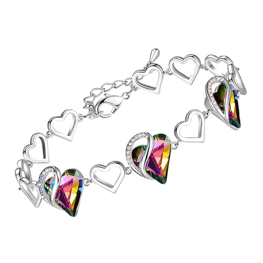 Leafael Infinity Love Heart Gift Bracelet for Women, Healing Stone for Protection, Rainbow Tourmaline Black, Silver Tone, 7-inch Chain and 2-inch Extender