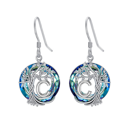 TOUPOP Tree of Life Initial Earrings Sterling Silver Initial C Letter Drop Dangle Earrings Blue Circle Crystal Family Tree Jewelry Birthday Mothers Day Gifts for Women Mom Her
