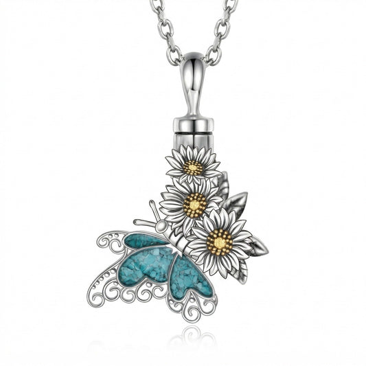 HKPATOP Butterfly Urn Necklace for Ashes 925 Sterling Silver Turquoise Daisy Pendant Cremation Memorial KeepsakeJewelry Gift for Women