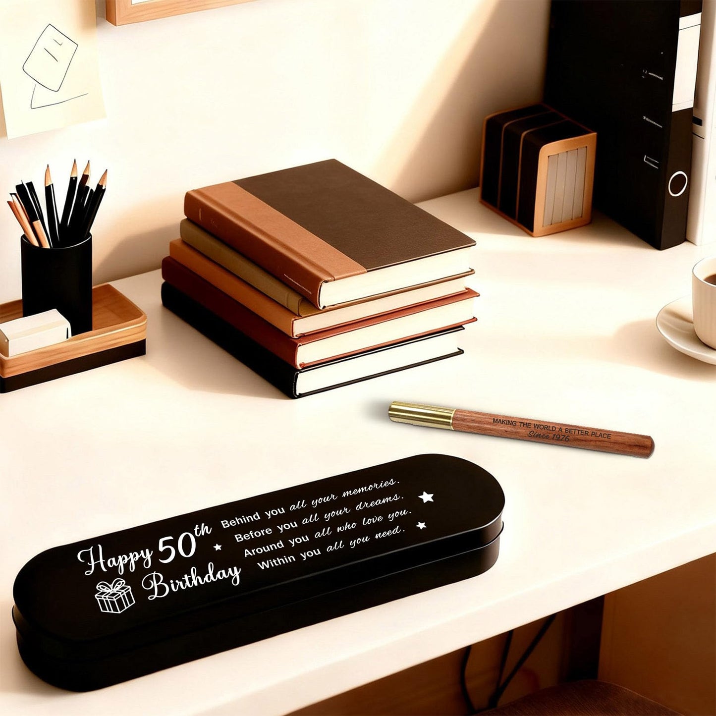 iyaone 50th Birthday Gift for 1976 Born - Engraved Wooden Gel Pen & Keepsake Box Set, Golden 50 Year Old Gift for Men & Women, Milestone Birthday Present