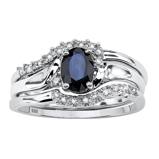 Palm Beach Jewelry PalmBeach Platinum-Plated or Yellow Gold-Plated Sterling Silver Genuine Midnight Blue Sapphire and Diamond Accent 3 Piece Bridal Ring Set Size 8