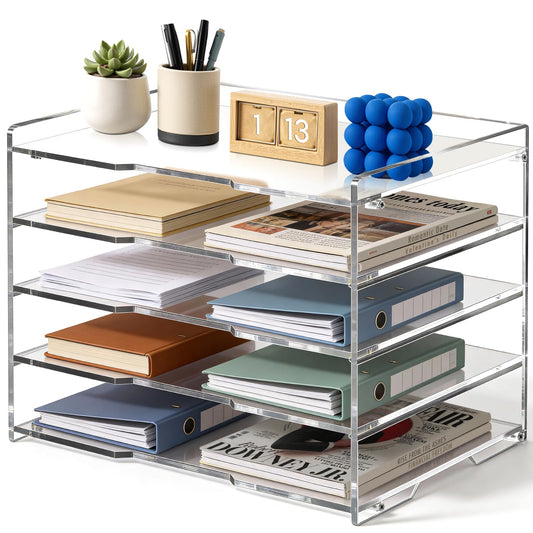 Leffis 5 Tier Acrylic Desk Paper Organizer, Clear Desk Organizer and Accessories Letter Tray for Papers, Documents, File Office Home Classroom Organization