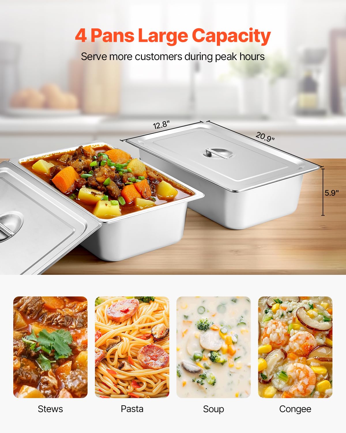 VEVOR 4-Pan Commercial Food Warmer, Electric Steam Table with Independent Temperature Control, 450W x 4 Stainless Steel Buffet Catering Food Warmer with Undershelf and Workspace, for Restaurant