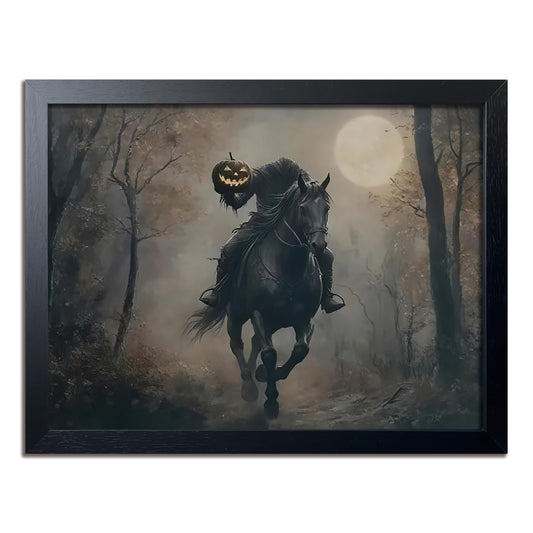 Vintage Canvas Wall Art, Dark Academia Wall Decor, Gothic Poster Print Painting, Headless knight holding a pumpkin lantern Halloween for Living Room Bedroom Decor 8x10 Inch Black Wood Framed