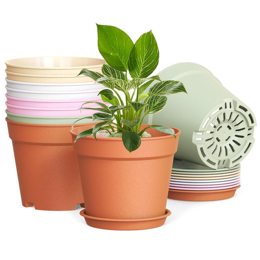 SwinDuck 10 Pack 6 Inch Plant Pots with Drainage and Saucers, Plastic Flower Pots for Indoor and Outdoor Plants, Stackable Nursery Planters for Houseplants and Herbs, Colorful