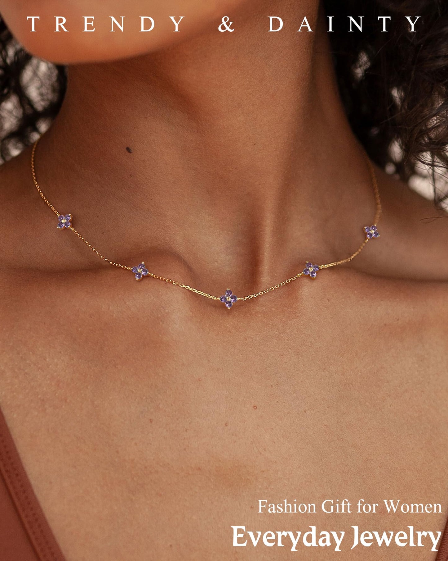 ZHESHY Birthstone Gold Necklace for Women Dainty Non Tarnish 14K Gold Plated Diamond Choker Necklaces Clover Cubic Zirconia Station Necklace Birthday Valentine's Day Gifts Womens Prom Gold Jewelry