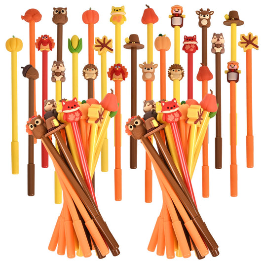 LiYiQ 50 Pcs Thanksgiving Day Cartoon Cute Fun Pens Kawaii Maple Leaves, Pumpkins, Scarecrows and Turkeys Shape Gel Black Ink Pen, Cute Pumpkins Pens for Office Home Present