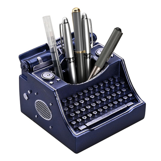 Amoysanli Retro Typewriter Pen Holder Vintage Desk Accssories Unique Cool Gifts for Writer Typewriter Lovers and Secretary Cute Funny Pencil Cups for Office Home School (Blue)
