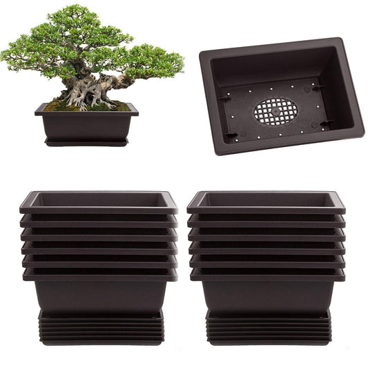 LANIAKEA 12 Pack Bonsai Pot with Trays 6.5 Inch Nursery Pots with Drainage Plastic Bonsai Training Pots for Home Furnishings Décor Flower Nursery Brown