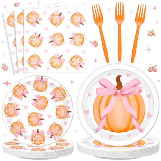 Havawish 96 Pcs Thanksgiving Party Decoration Friendsgiving Pink Bow Pumpkin Paper Plates Pink Baby Shower Party Supply for 24 Guest Coquette Birthday Wedding Tableware A Little Pumpkin Is on the Way
