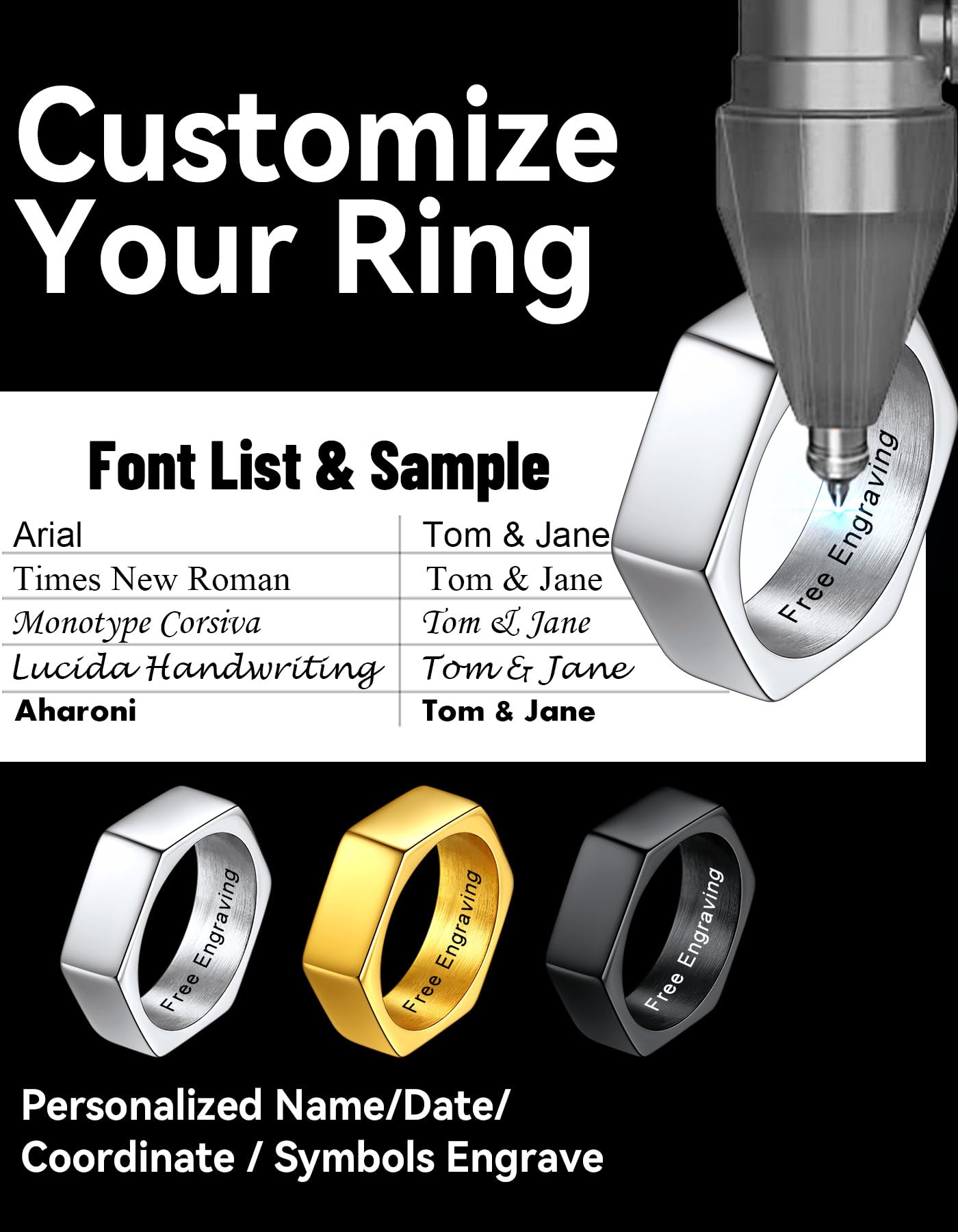 ChainsHouse Hexagon Ring Stainless Steel Geometric Biker Bands Custom Engraved Punk Jewelry for Men Women, Size 9