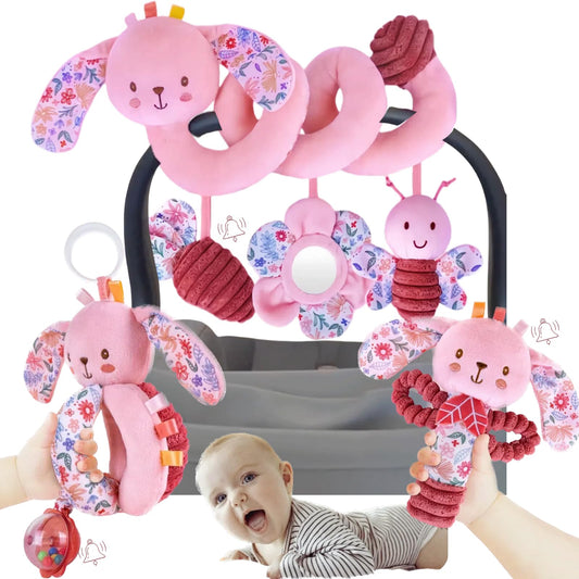 chochumy Baby Spiral Car Seat Toys for Babies 0-6 Months Girl, Stroller Hanging Stuffed Animal Carseat Crinkle Rabbit Toy 0-3-4-5-7-8-9-12 Month, Newborn Infant Gifts Easter Basket Stuffers Bunny 3PCS