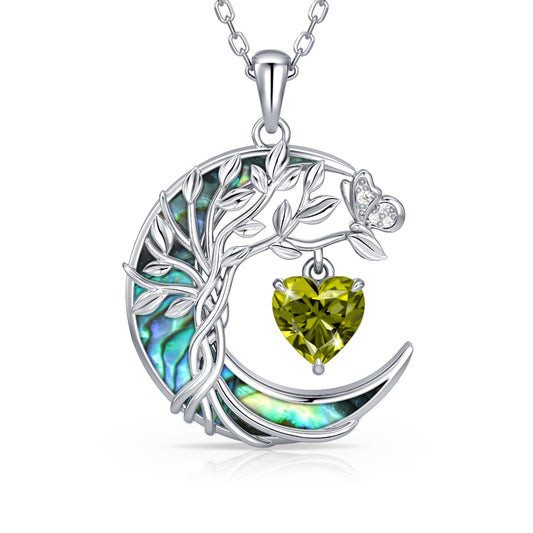 Distance Tree of Life Birthstone Necklace for Women, S925 Sterling Silver Premium Abalone Shell Moon Pendant August Heart Birthstone Necklace, Peridot Jewelry Christmas Birthday Gifts for Her Mom Wife