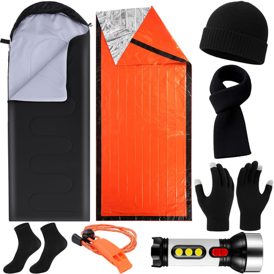 Chicingyou 8 Pcs Portable Emergency Thermal Blanket Camping Sleeping Bag Solar Rechargeable Flashlight Emergency Safety Whistle Gloves Scarf Socks Beanie Set for Camping Hiking Travel Hunting(Orange)