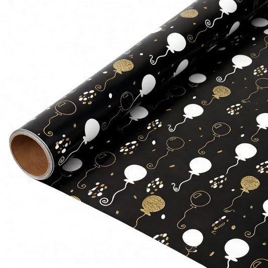 komforbaa Birthday Gift Wrapping Paper, Gold Toned Balloon Wrapping Paper Roll for Birthday, Graduation, Father’s Day, Wedding, Party, Halloween, 17In×33Ft (43cm×10m)