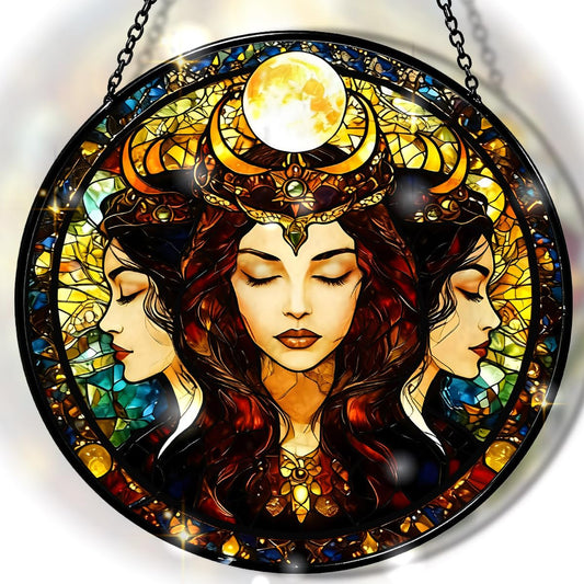 Greatingreat Stained Glass Window Hanging Hecate Triple Moon Goddess, Home Room Decor 7.8 Inch Sun Catchers Indoor Window, Whimsical Decor Pagan Wiccan for Women,Dark Feminine Energy