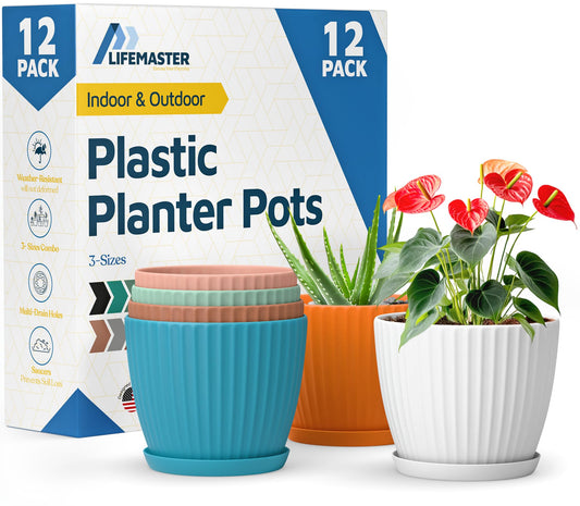 Multicolor 6-Inch Plant Pots with Drainage & Saucers 12 Pack, Indoor & Outdoor Planters for Houseplants, Herbs, and Flowers, Durable & Weatherproof Material, Stackable, Lightweight, Minimalist Design
