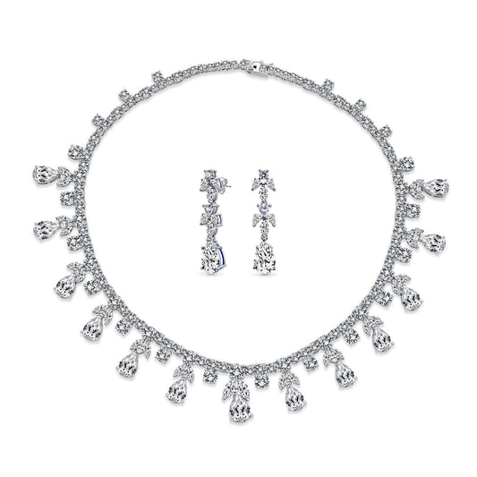 Vintage Estate Art Deco Style Design Bridal Jewelry Set Fashion Bridal Multi Teardrop AAA CZ Statement Spray Collar Necklace & Chandelier Dangle Earrings For Women Silver Plated