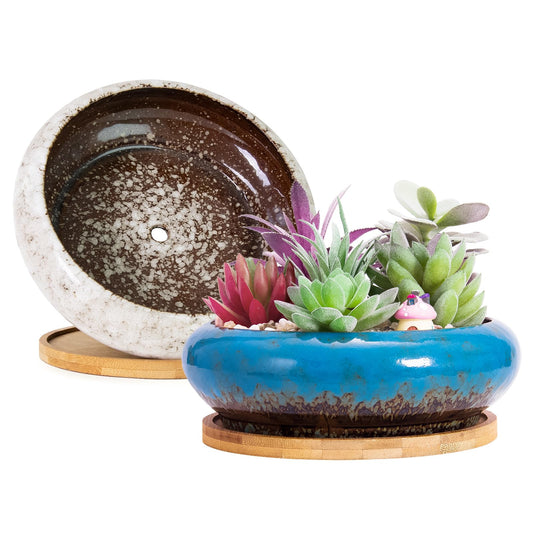 ARTKETTY Succulent Pots - Large Succulent Planters with Drainage, 7.3 Inch Ceramic Bonsai Pots with Bamboo Tray Set of 2, Shallow Cactus Flower Planter Bowl for Indoor