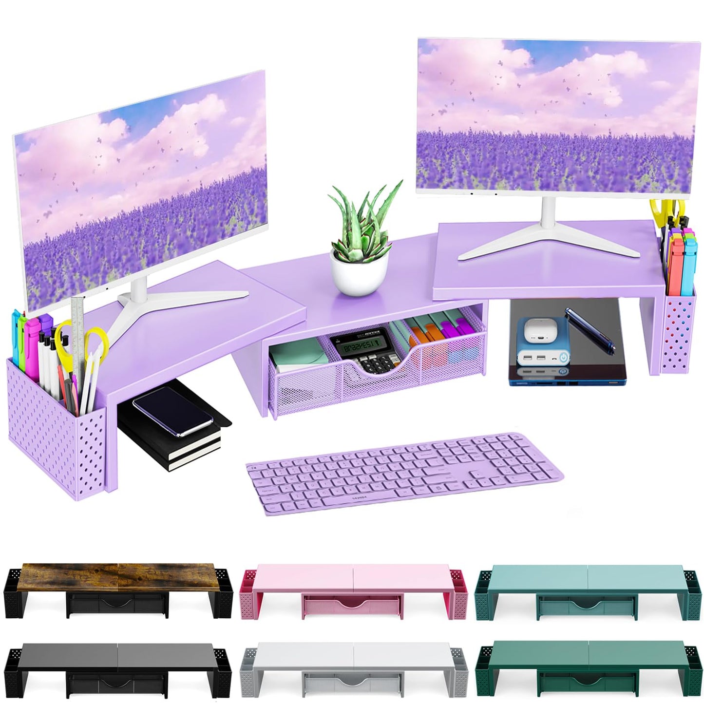 Spacrea Metal Desk Organizers and Accessories, Dual Monitor Stand Riser with Drawer and 2 Pen Holders, Desk Accessories & Workspace Desktop Organizers for Office Supplies (Black)