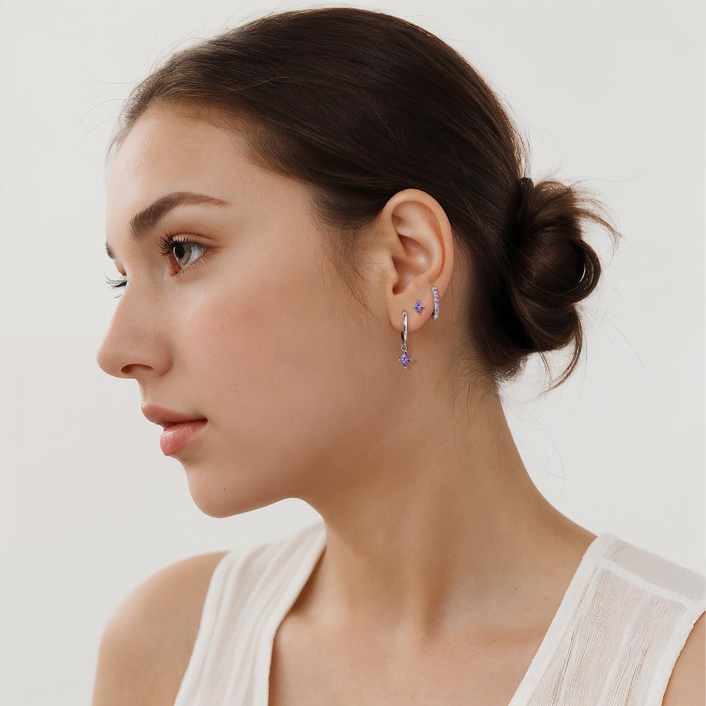 Sterling Silver Earrings Set for Women, Dainty Silver Purple Cartilage Huggie Hoop Earring, Hypoallergenic Trendy Small Amethyst Earring Stacks for Multiple Piercing, Purple Earring Jewelry Gifts