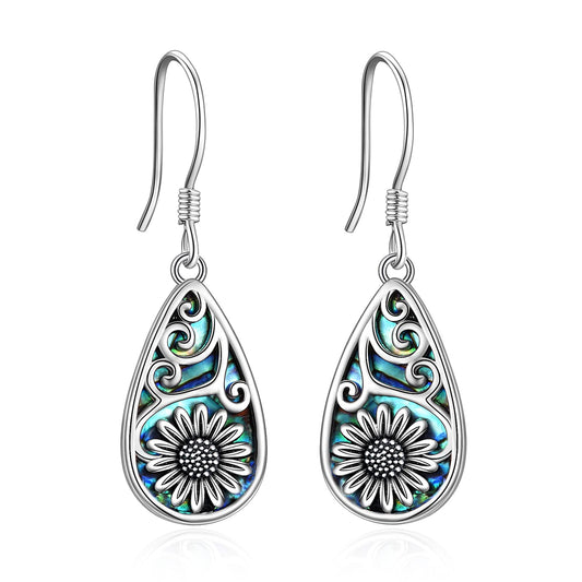 POPLYKE 925 Sterling Silver Sunflower Earrings Teardrop Abalone Dangle Earrings for Women Sunflower Jewelry