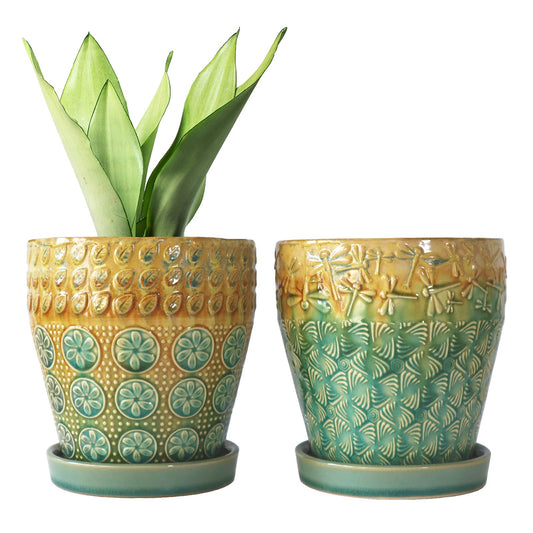 YQSLYSF 6 Inch Ceramic Planter with Drainage Hole and Saucer for Plants, Indoor-Outdoor Large Round Succulent Orchid Flower Pot, Set of 2
