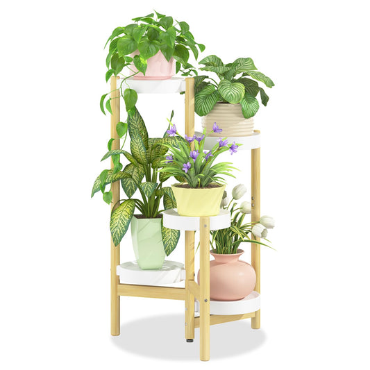 iDavosic.ly 5 Tier Bamboo Plant Stand Indoor Outdoor with Plastic Tray, Tiered Corner Flower Holder Shelf, Space Saving Orchid Display Rack for Patio Porch Living Room Garden Balcony, Natural White