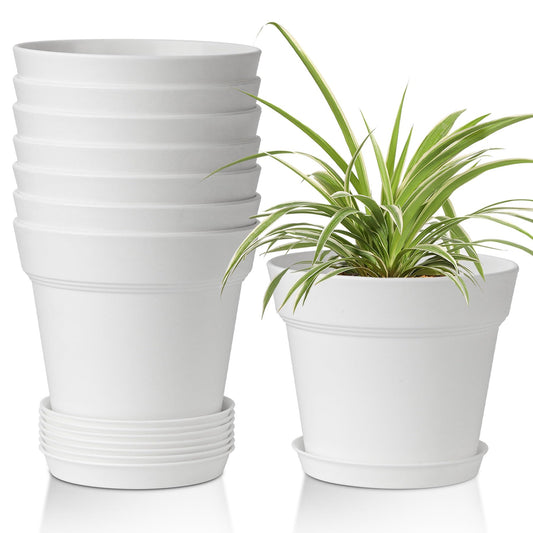T4U 6 Inch Plant Pot 8-Pack, Plastic Planter with Drainage Hole and Saucer, Decorative Nursery Pots Bulk for African Violet, Snake Plant, Succulent, Herb and Plants Indoor (8 Pcs 6" Pots, White)