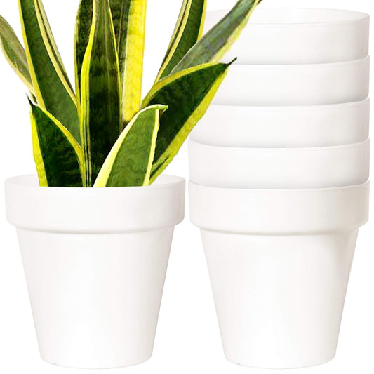 Youngever 7 Pack 6.5 Inch Plastic Planters, Indoor Flower Plant Pots, Classic Decorative Gardening Pot with Drainage(White no Saucers)