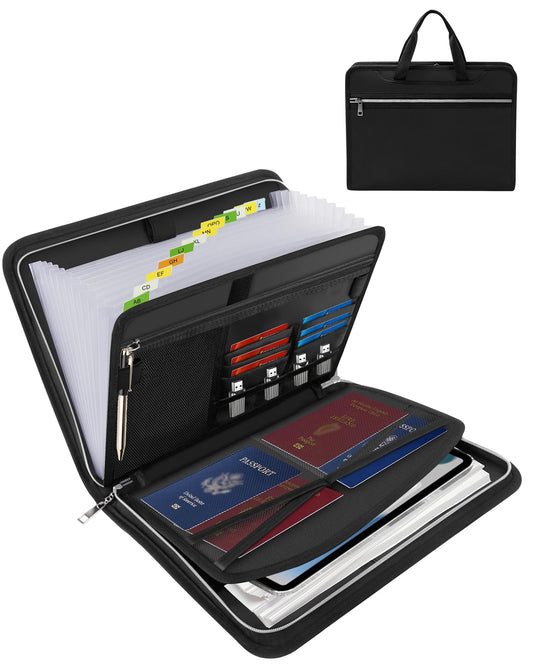 KLanven Fireproof Important Document Organizer Folio Folder - Expanding Accordion File Organizer with 13 Pockets, Handle & Labels, Portable Travel Safe for Home, A4, Letter, Portfolio Files
