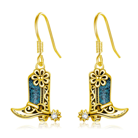 KoyeKei Gold Cowboy Boot Earrings 925 Sterling Silver Cowgirl Texas Boot Dangle Drop Earrings Western Turquoise Jewelry Country Gifts for Women